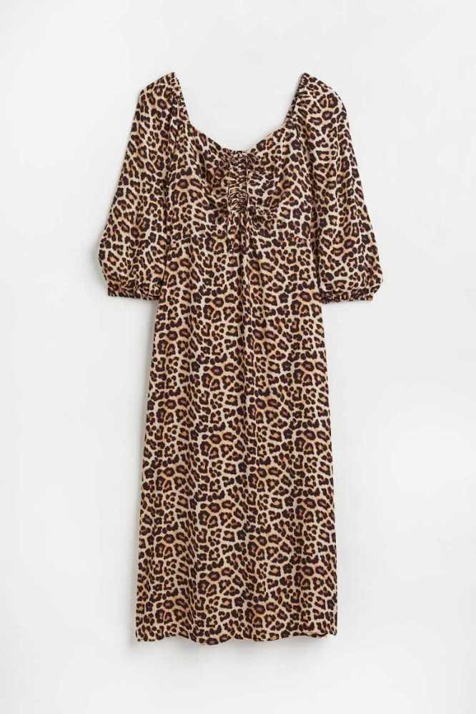 H&M Puff-sleeved Kleider Damen Hellbeige Leopard | 7869-JRLZE