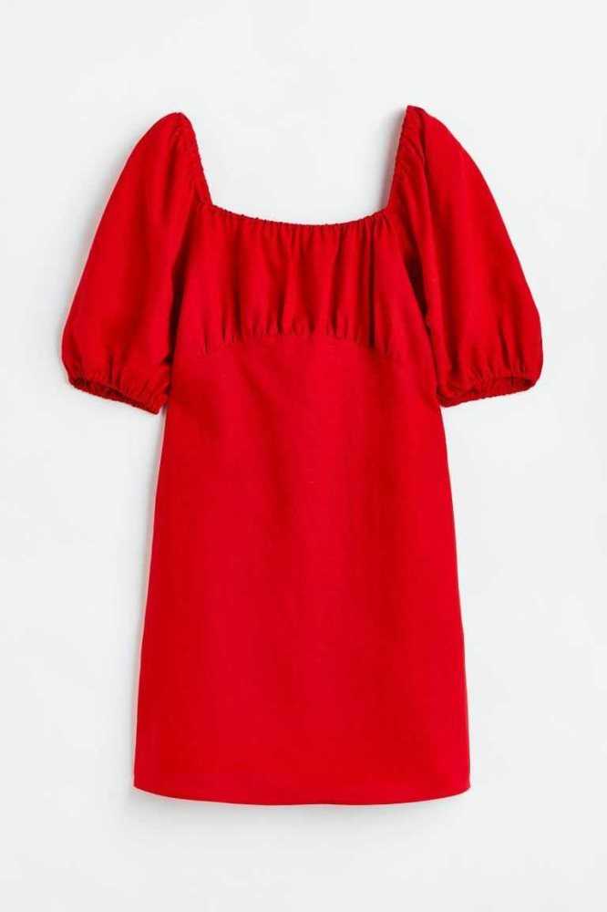 H&M Puff-sleeved Kleider Damen Rot | 8109-KXTBM