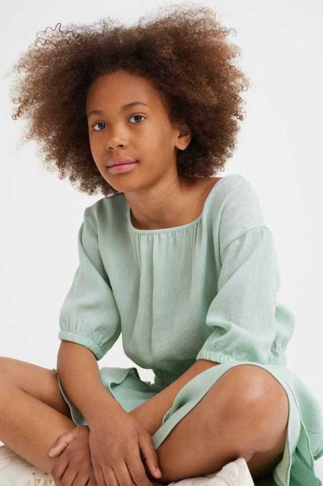 H&M Puff-sleeved Oberteile Kinder Hellgrün | 9235-SOGMB