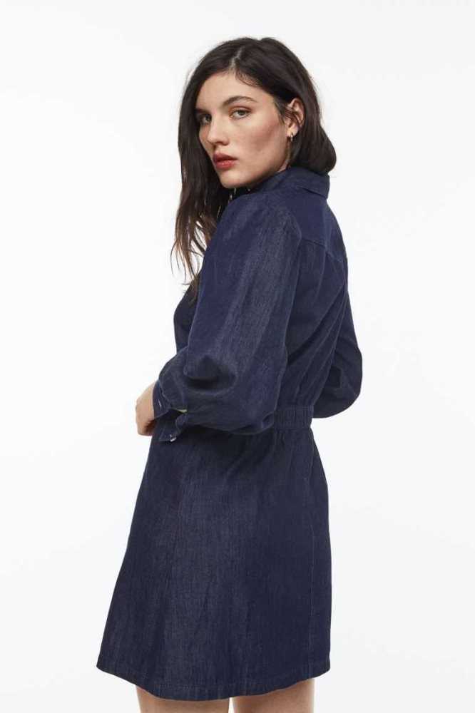 H&M Puff-sleeved denim shirt Kleider Damen Dunkelblau | 0876-NEROL