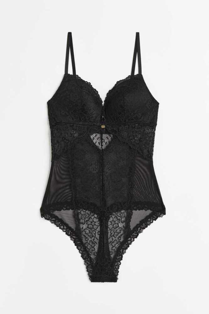 H&M Push-up Tanga Bodysuit Unterwäsche Damen Schwarz | 9765-SBYLK