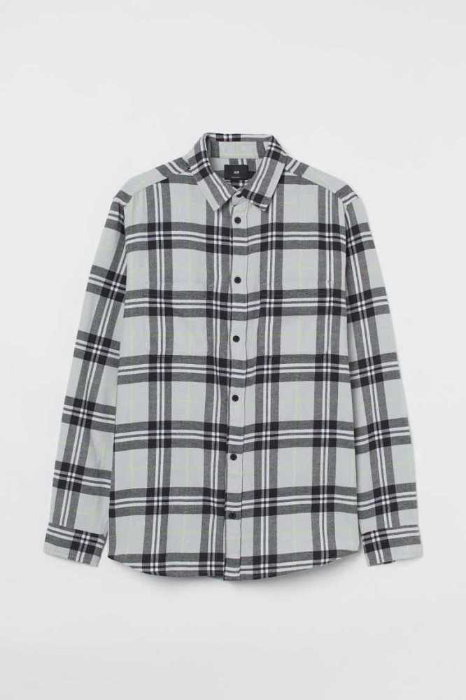 H&M Regular Fit Flannel Hemd Herren Hellgrau Grün | 5103-LOCZU