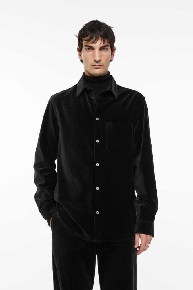 H&M Regular Fit Velvet Hemd Herren Schwarz | 1847-VRFJP