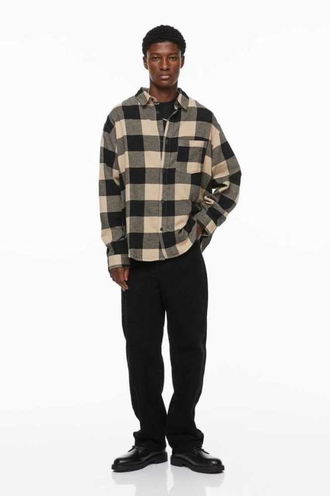 H&M Relaxed Fit Flannel Hemd Herren Beige Schwarz | 8492-QGPWN