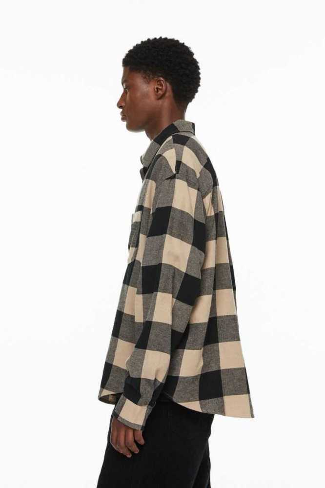 H&M Relaxed Fit Flannel Hemd Herren Beige Schwarz | 8492-QGPWN