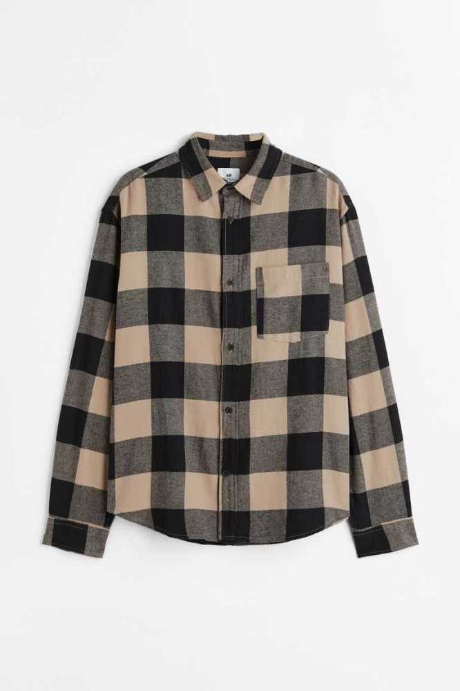 H&M Relaxed Fit Flannel Hemd Herren Beige Schwarz | 8492-QGPWN