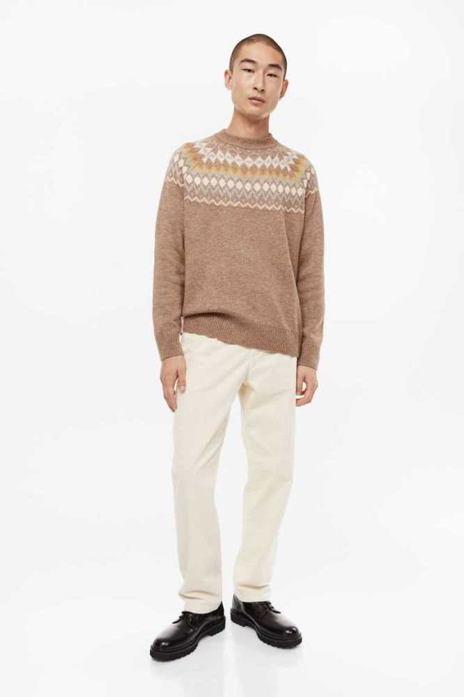 H&M Relaxed Fit Jacquard-knit Pullover Herren Dunkelbeige | 4738-SKAUL