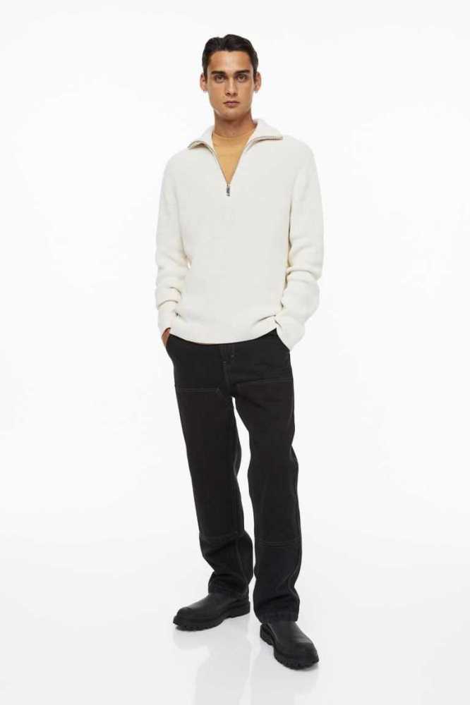 H&M Relaxed Fit Rib-knit Half-zip Pullover Herren Weiß | 0872-FZEVD