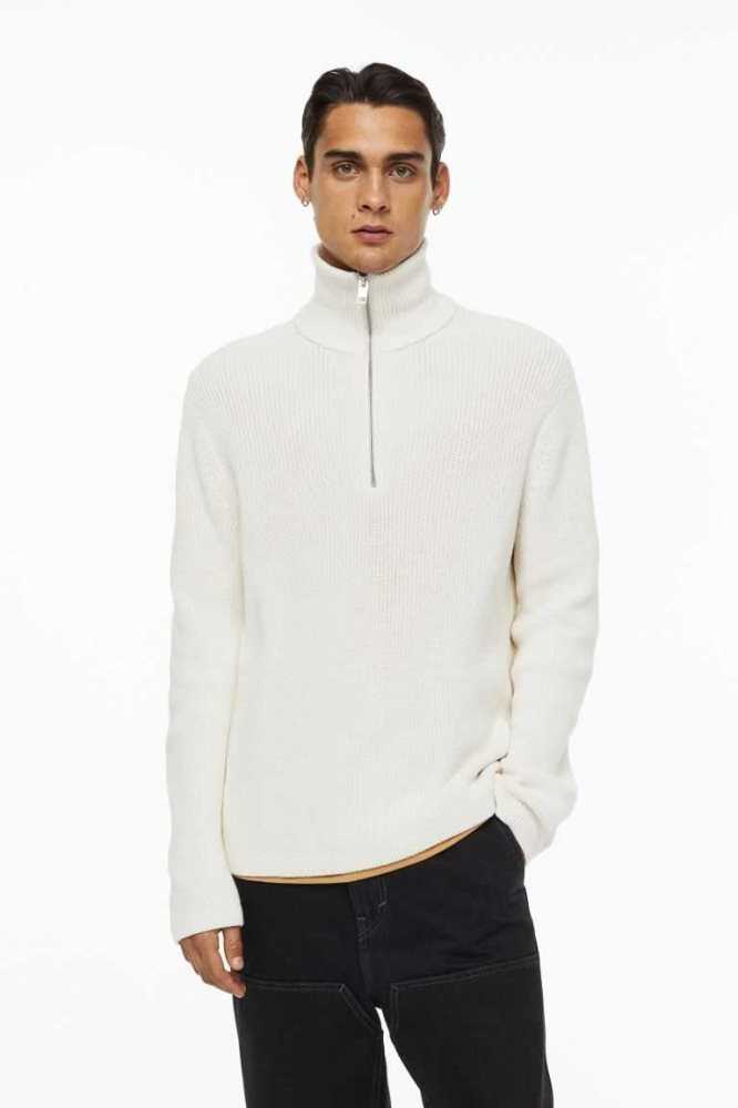 H&M Relaxed Fit Rib-knit Half-zip Pullover Herren Weiß | 0872-FZEVD