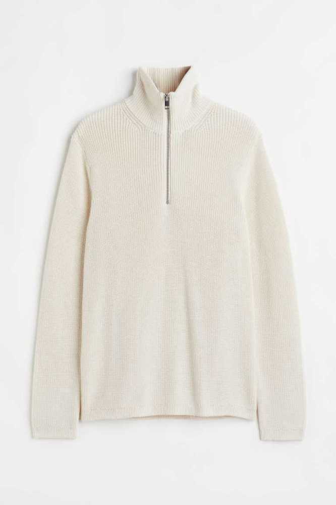 H&M Relaxed Fit Rib-knit Half-zip Pullover Herren Weiß | 0872-FZEVD