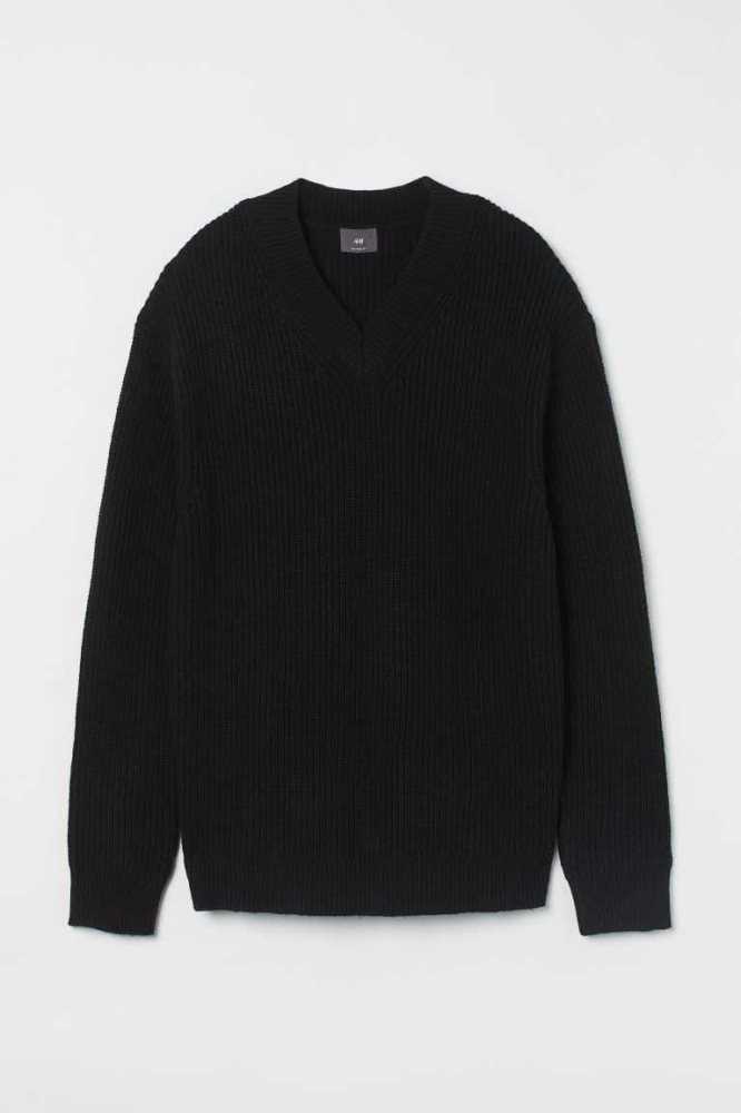 H&M Relaxed Fit Rib-knit Pullover Herren Schwarz | 9812-FXQLZ