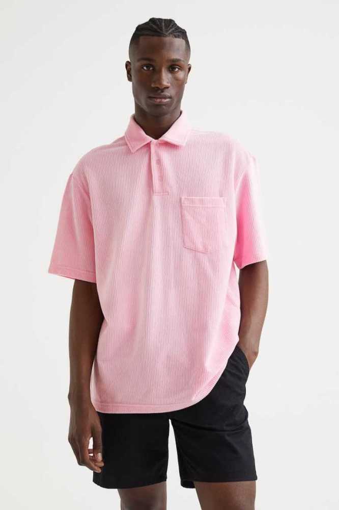 H&M Relaxed Fit Velour Polo T-shirts Herren Rosa | 1782-UIGSC