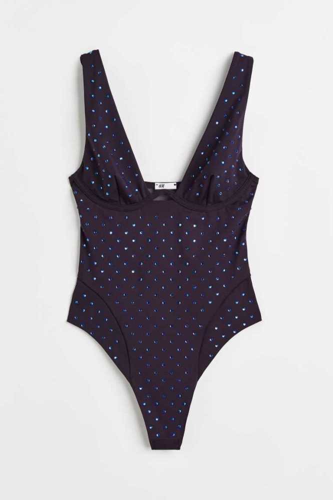 H&M Rhinestone Bodysuit Unterwäsche Damen Blau | 4396-HZSQX