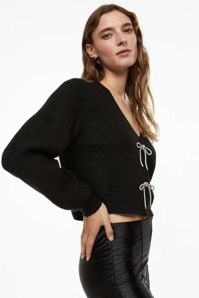 H&M Rhinestone-bow Rib-knit Cardigan Pullover Damen Schwarz | 6874-WPGIF