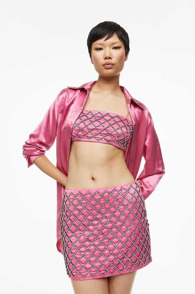 H&M Rhinestone-embellished Crop Oberteile Damen Rosa | 1023-RJMLY