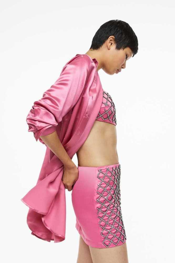 H&M Rhinestone-embellished Crop Oberteile Damen Rosa | 1023-RJMLY