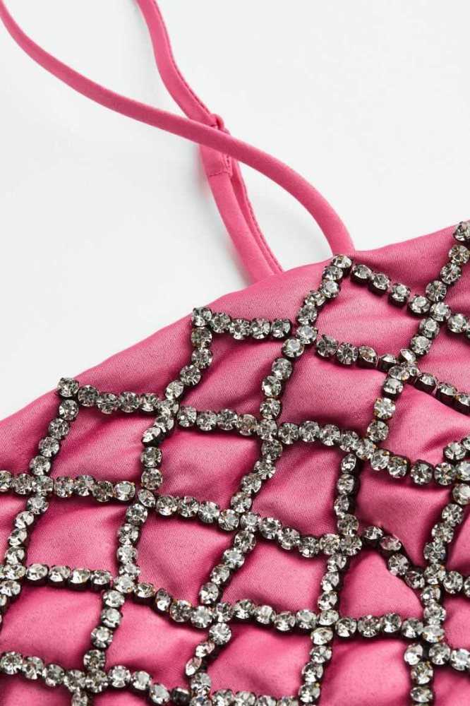 H&M Rhinestone-embellished Crop Oberteile Damen Rosa | 1023-RJMLY