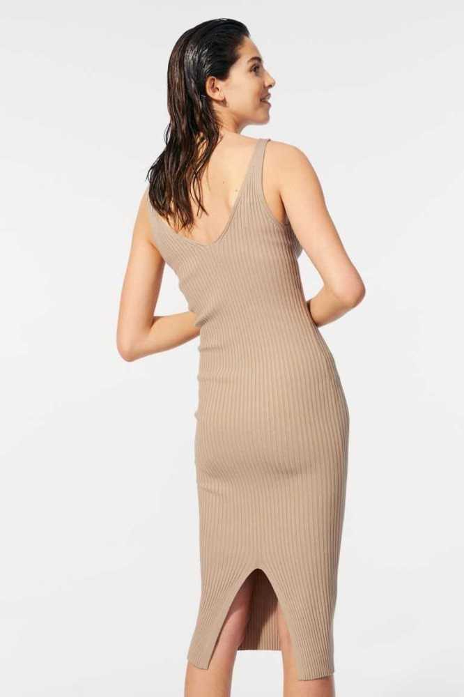 H&M Rib-knit Bodycon Kleider Damen Hellbeige | 1452-DWJPG