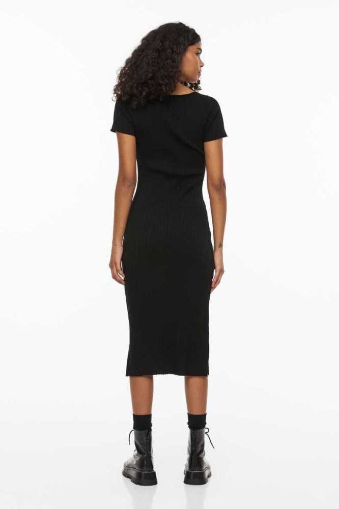 H&M Rib-knit Bodycon Kleider Damen Schwarz | 1048-FPTEZ