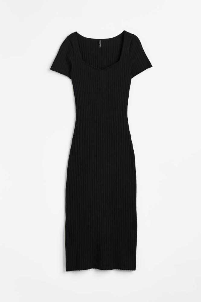 H&M Rib-knit Bodycon Kleider Damen Schwarz | 1048-FPTEZ