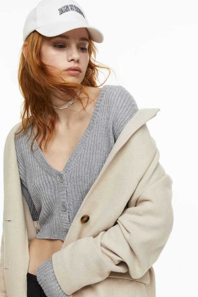 H&M Rib-knit Crop Cardigan Pullover Damen Khaki Grün | 3521-OALYW