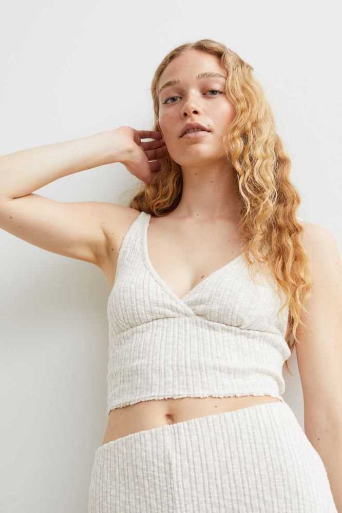 H&M Rib-knit Crop Top Loungewear Damen Beige Weiß | 9827-YGCDN