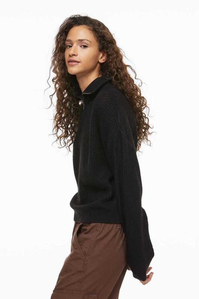 H&M Rib-knit Half-zip Pullover Damen Dunkelgrün | 1589-WZJOH