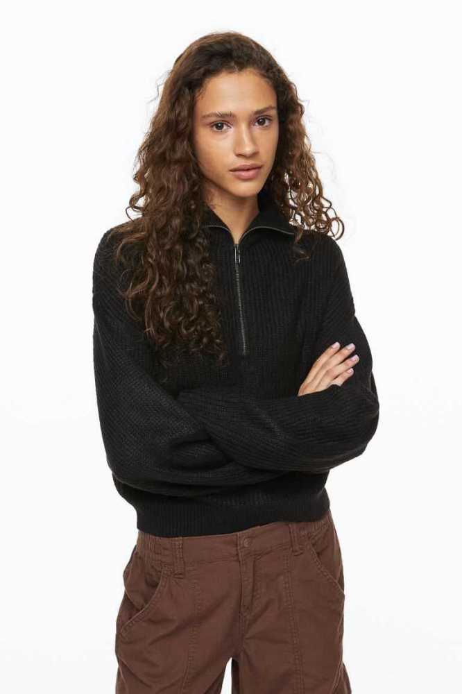 H&M Rib-knit Half-zip Pullover Damen Dunkelgrün | 1589-WZJOH