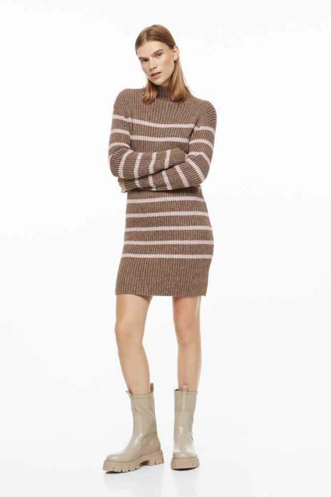 H&M Rib-knit Kleider Damen Dunkelbeige | 3082-JSFGU