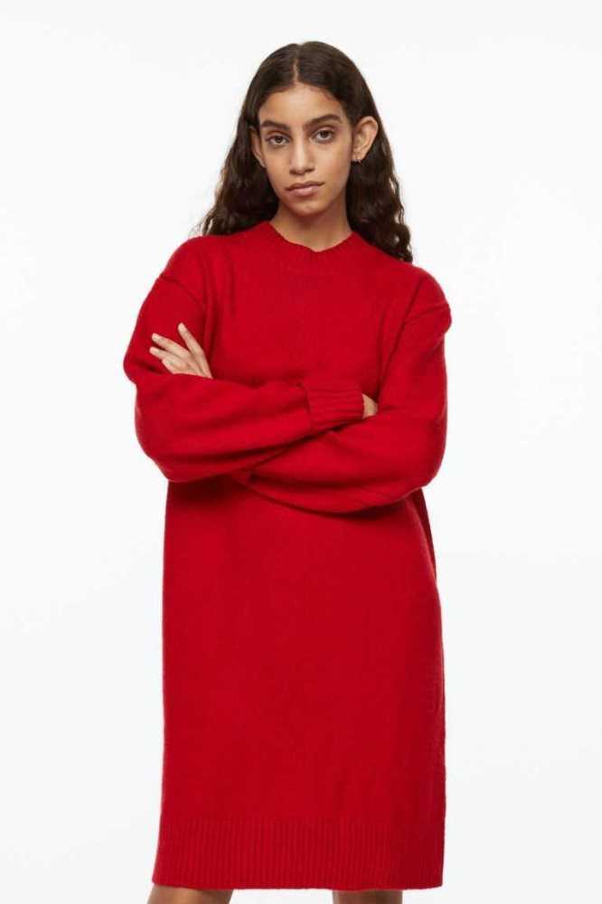 H&M Rib-knit Kleider Damen Rot | 3890-ILRFT