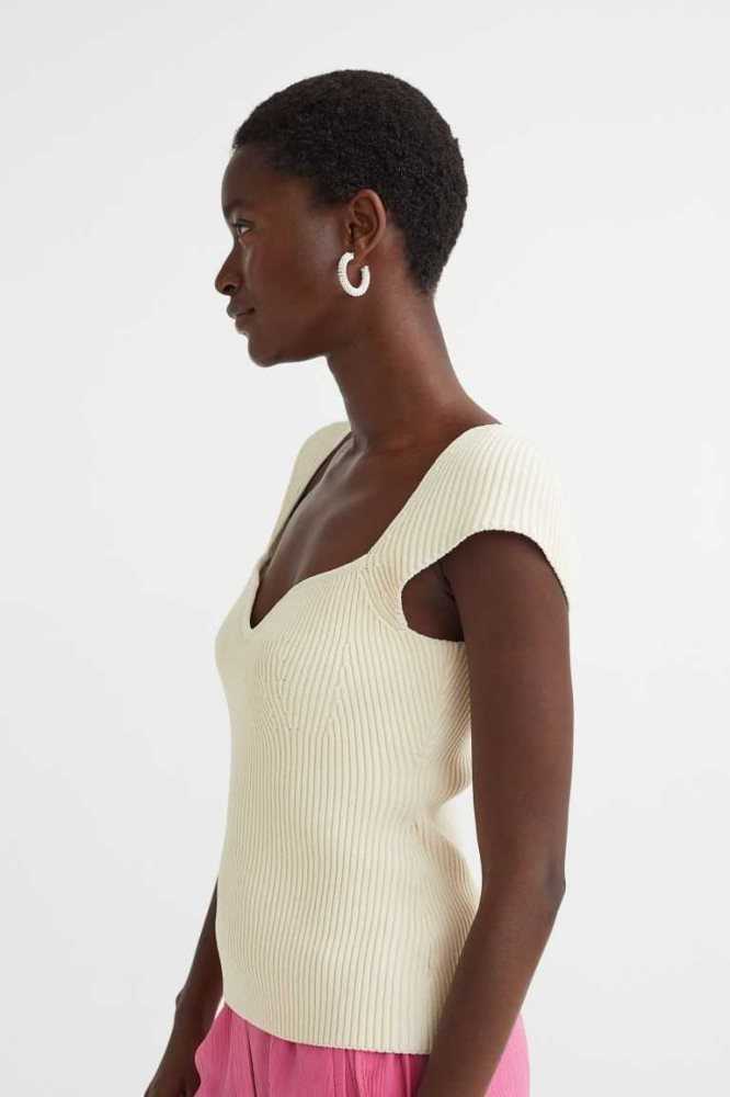 H&M Rib-knit Oberteile Damen Hellbeige | 0473-HKFQE