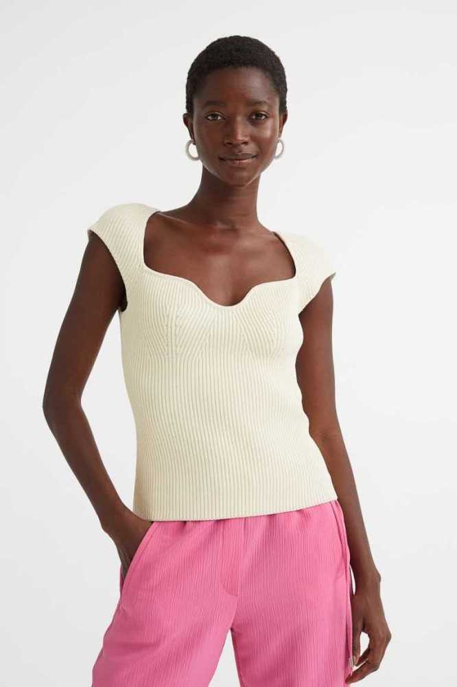 H&M Rib-knit Oberteile Damen Hellbeige | 0473-HKFQE