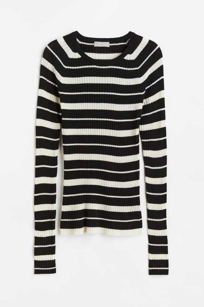 H&M Rib-knit Oberteile Damen Schwarz | 8420-TYJRK