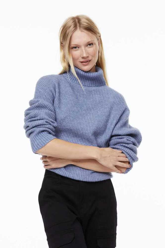 H&M Rib-knit Turtleneck Pullover Damen Blau | 1465-ZESNQ