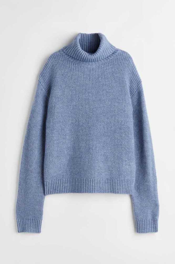 H&M Rib-knit Turtleneck Pullover Damen Blau | 1465-ZESNQ