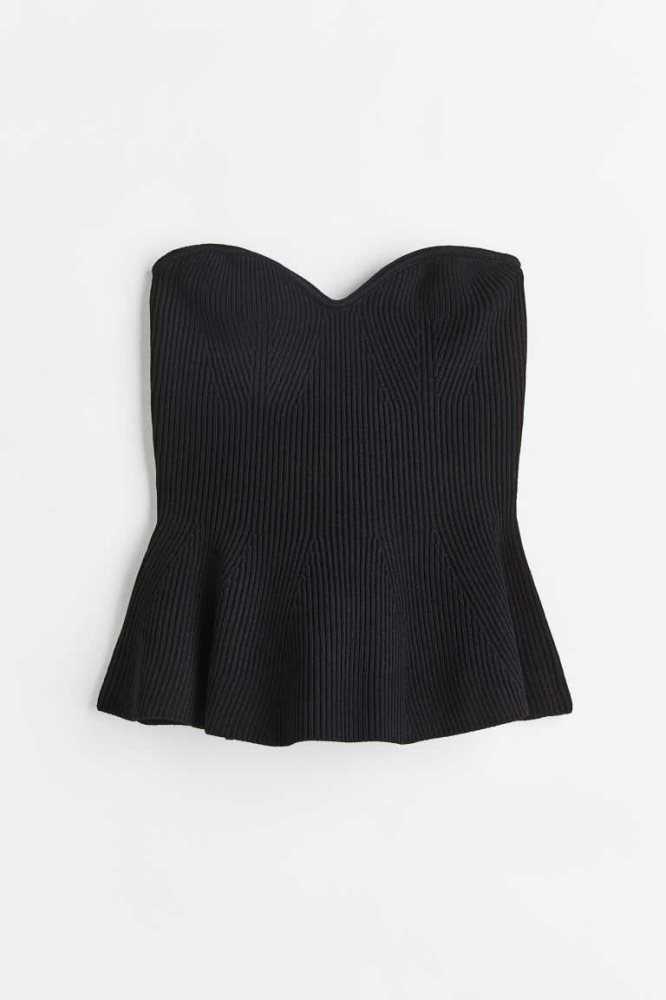 H&M Rib-knit peplum Oberteile Damen Schwarz | 6875-SERLC