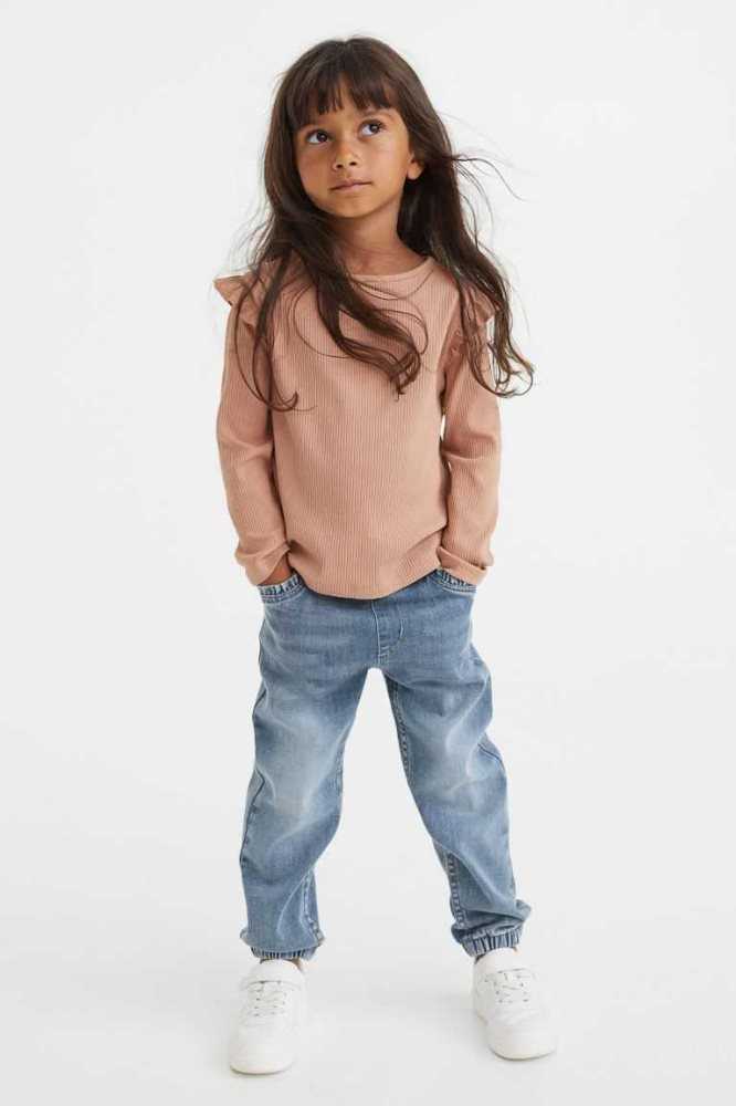 H&M Ruffle-trimmed Denim Jogginghose Kinder Hellblau | 1378-GFVZN