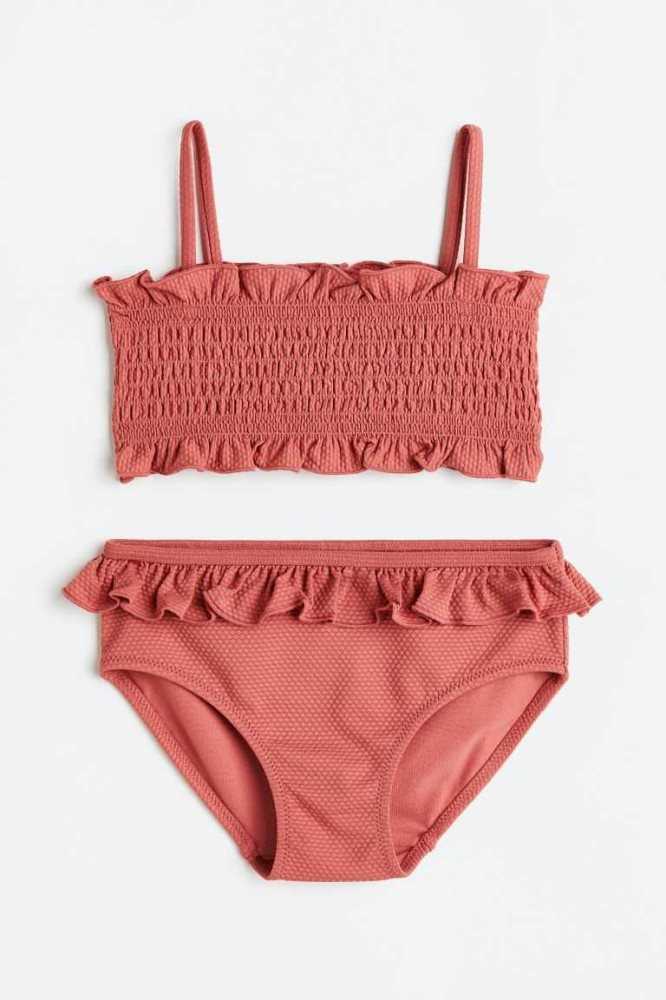 H&M Ruffle-trimmed Smocked Bikinihosen Kinder Dunkelrot | 1350-QVRIA