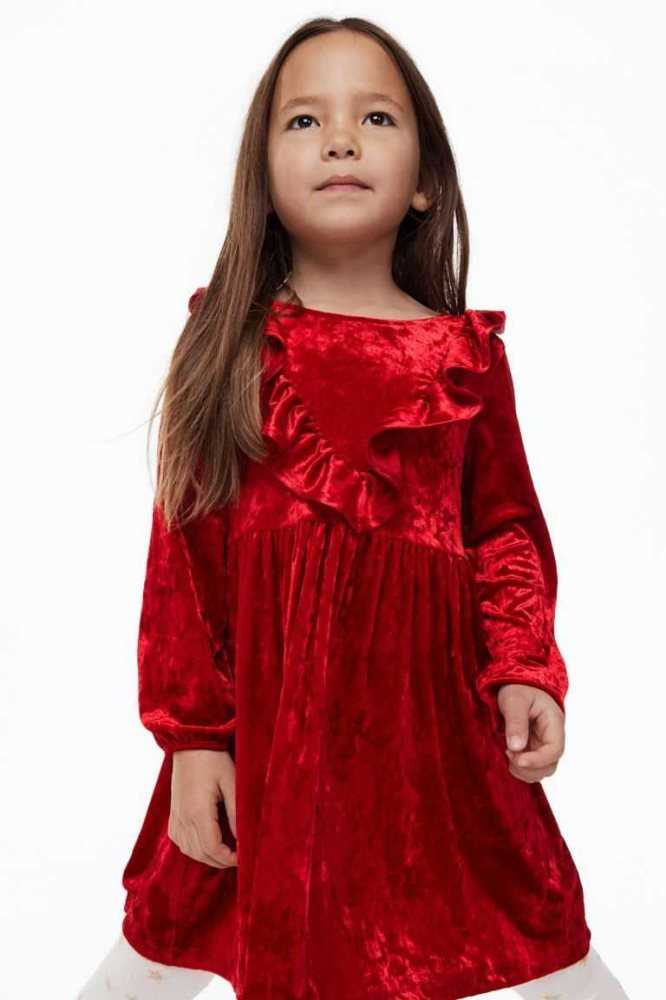 H&M Ruffle-trimmed Velour Kurzes Kleid Kinder Rot | 2304-WXTQG