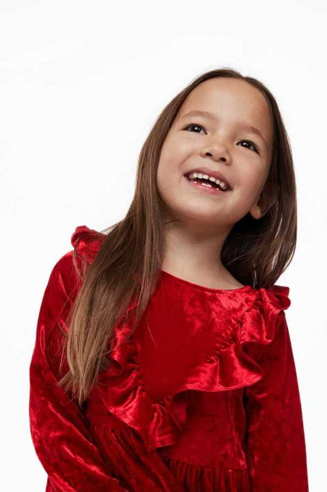 H&M Ruffle-trimmed Velour Kurzes Kleid Kinder Rot | 2304-WXTQG