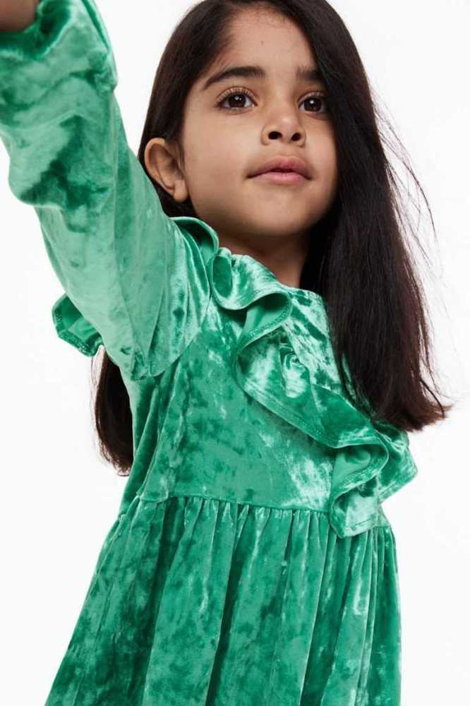 H&M Ruffle-trimmed Velour Kurzes Kleid Kinder Grün | 5480-XRVCO