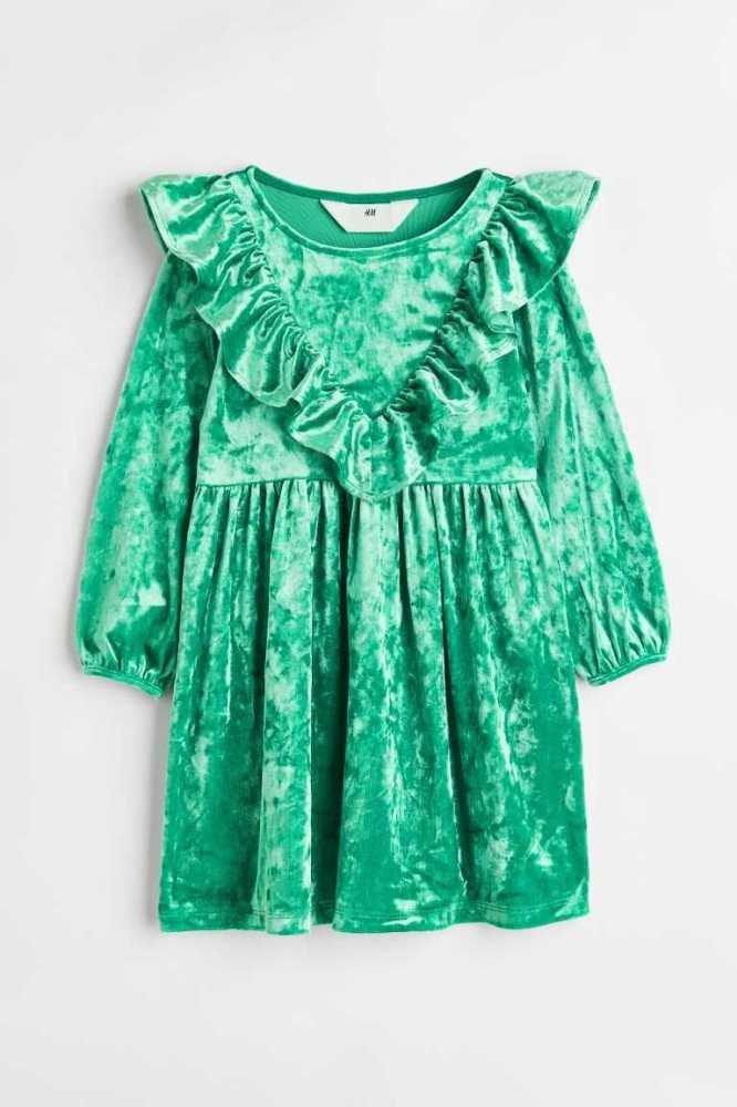 H&M Ruffle-trimmed Velour Kurzes Kleid Kinder Grün | 5480-XRVCO