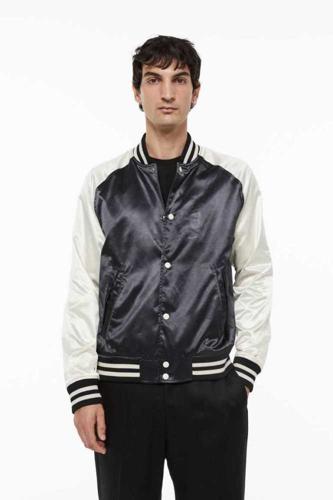 H&M Satin Baseball Jacke Herren Weiß Schwarz | 3182-BDIES