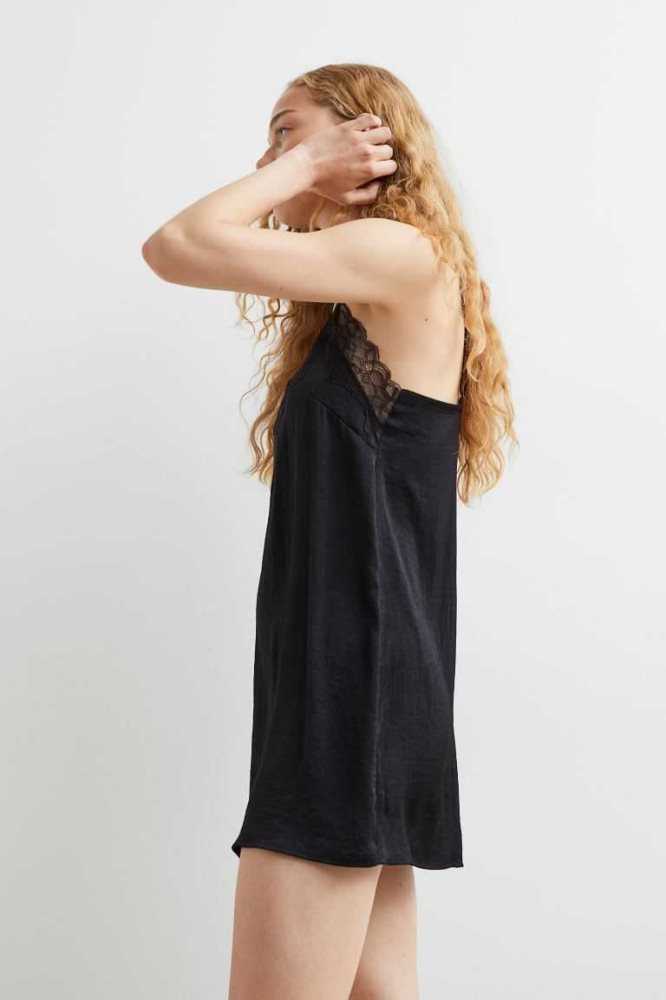 H&M Satin Nightgown Nachtwäsche Damen Schwarz | 2674-RPFHC