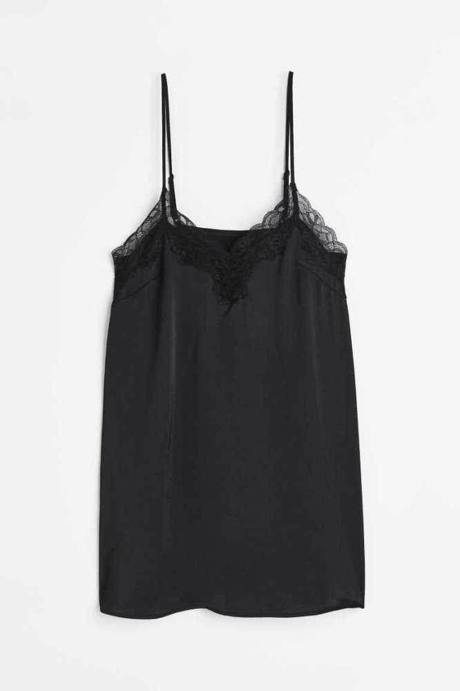 H&M Satin Nightgown Nachtwäsche Damen Schwarz | 2674-RPFHC