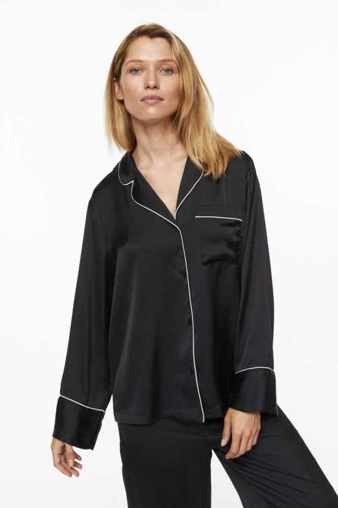 H&M Satin Pajama Shirt and Pants Nachtwäsche Damen Schwarz | 1974-WURSM