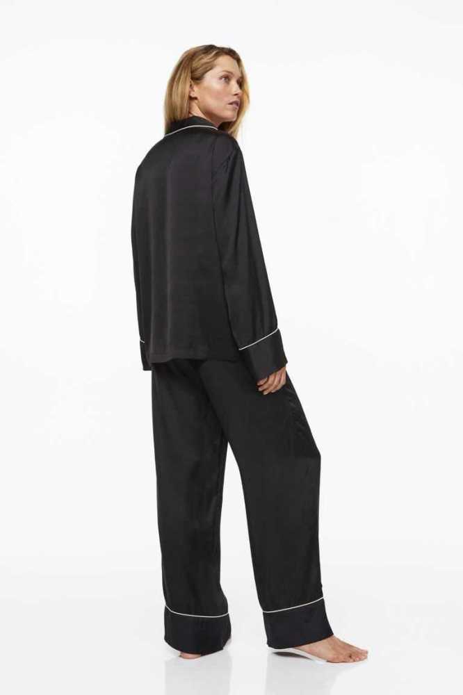 H&M Satin Pajama Shirt and Pants Nachtwäsche Damen Schwarz | 1974-WURSM