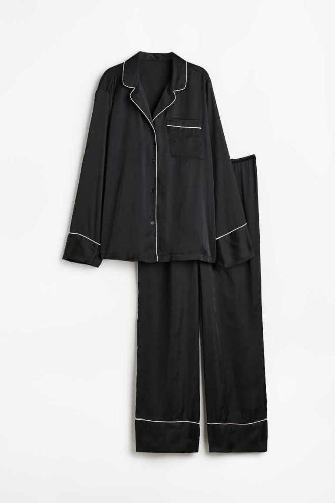 H&M Satin Pajama Shirt and Pants Nachtwäsche Damen Schwarz | 1974-WURSM