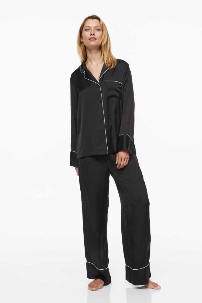 H&M Satin Pajama Shirt and Pants Nachtwäsche Damen Schwarz | 1974-WURSM