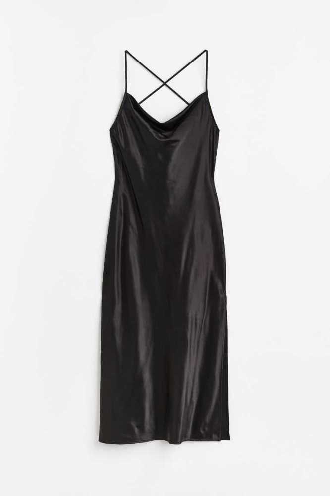 H&M Satin Slip Kleider Damen Schwarz | 4628-VQGNH